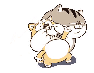 two cartoon cats are hugging each other on a white background . one of the cats is holding the other 's tail .