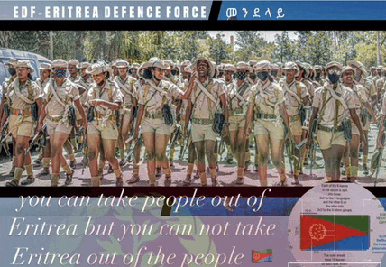 a poster for the eritrea defence force shows a group of soldiers marching