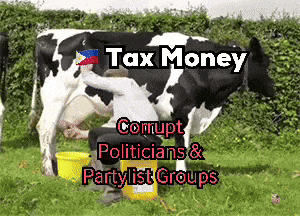 a cow is being milked by a person with the words tax money corrupt politicians and party list groups written above it
