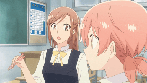 two anime girls are standing in a classroom with a bulletin board behind them that says ' a ' on it