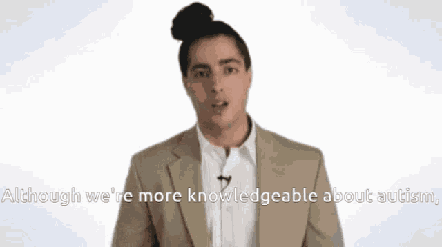 a man in a tan suit says " although we 're more knowledgeable about audio "