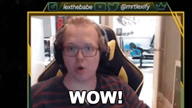 a man wearing headphones and glasses says wow in a video