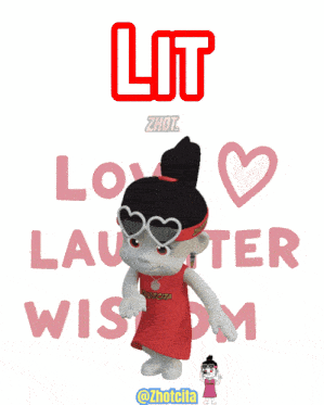 a cartoon character wearing heart shaped sunglasses is standing in front of a sign that says love laughter and wisdom