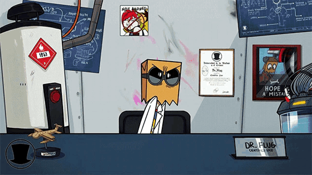 a cartoon character with a paper bag on his head sits at a desk with a sign that says dr. plug on it