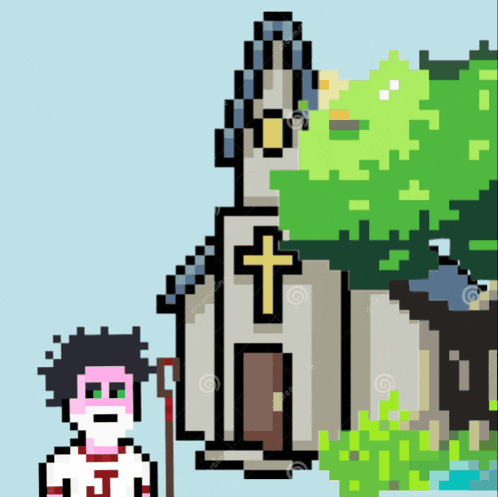 a pixel art drawing of a church with a cross on the front