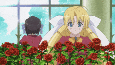 a girl in a red dress sits in a bed of red roses