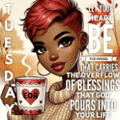 a woman with red hair is holding a cup of coffee and a quote .