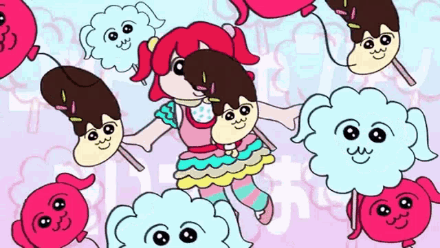 a cartoon of a girl surrounded by cotton candy clouds
