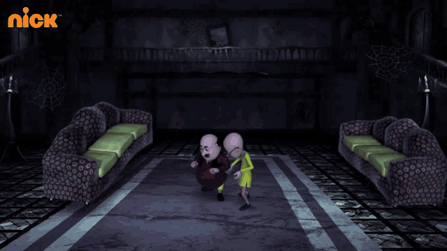 two cartoon characters are standing in a room with a nick logo