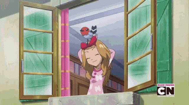 a girl with a bird on her head is looking out a window with cn written on the bottom