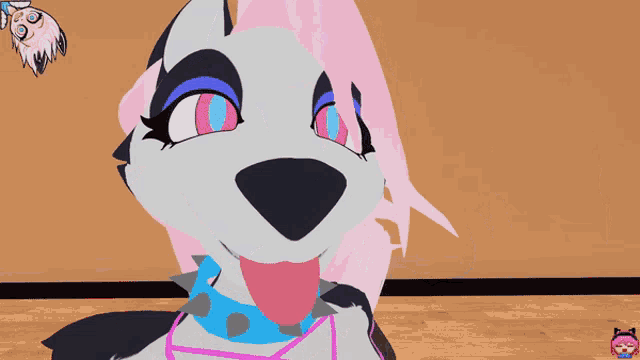a cartoon character with pink hair and blue eyes looks up at something