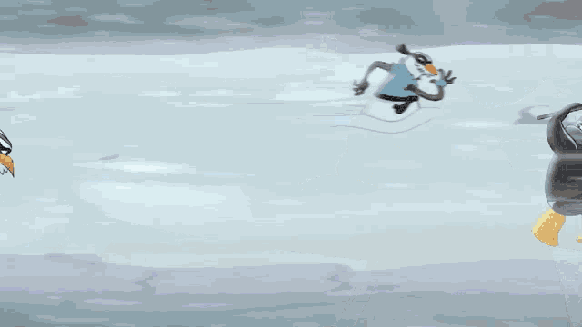 a cartoon of a penguin holding a bucket with a fish inside