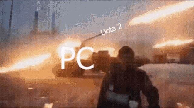 a man is standing in front of a rocket that says " dota 2 "