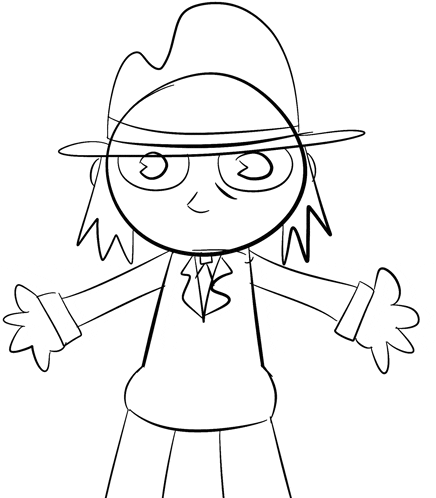 a black and white drawing of a cartoon character wearing a hat and glasses