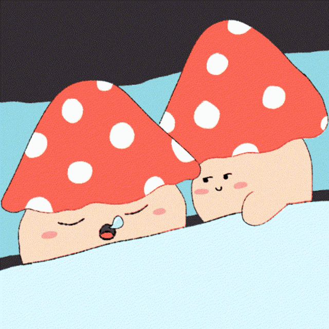 a cartoon drawing of two mushrooms with polka dots on them