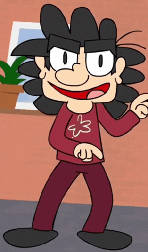 a cartoon character wearing a red shirt with a heart on it is standing in front of a window