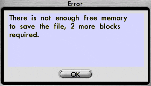 a computer screen shows an error message that says there is not enough free memory to save the file 2 more blocks required