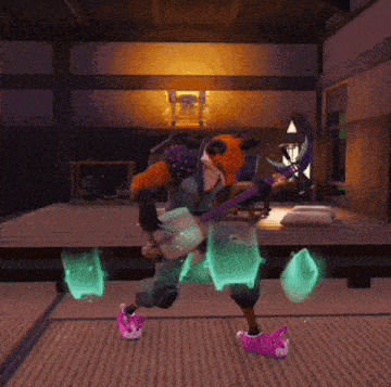 a video game character is dancing in a room while holding a guitar and a sword .