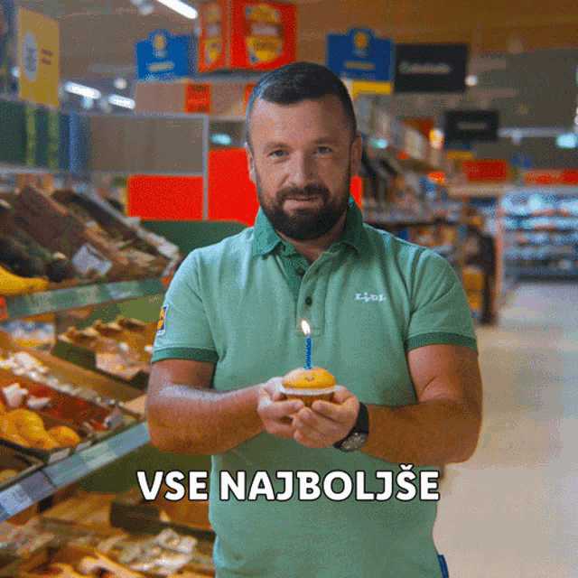 a man in a green shirt is holding a cupcake with a blue candle and the words " sve najboljše " written below him