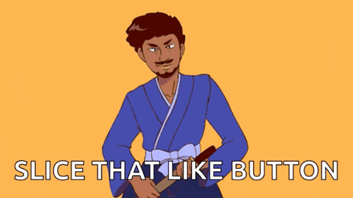 a cartoon of a man holding a sword with the caption slice that like button below him