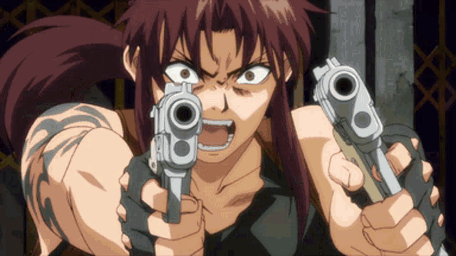 a woman with a tattoo on her arm is holding two guns