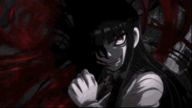 a girl with long black hair and red eyes is holding a bloody knife .