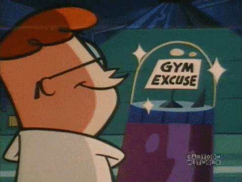a cartoon character is standing in front of a machine that says gym excuse