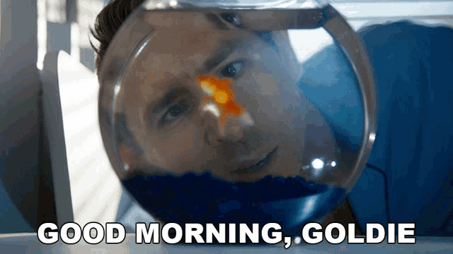 a man looking at a goldfish in a bowl with the words " good morning goldie " above him