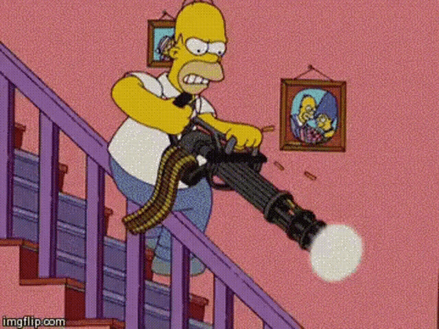 homer simpson is holding a machine gun while walking down the stairs