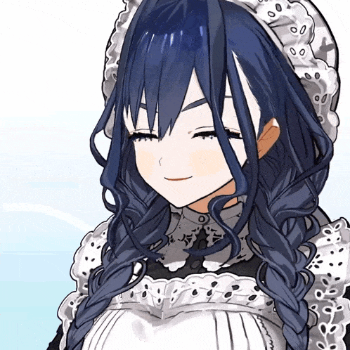 a drawing of a girl with blue hair wearing a maid costume