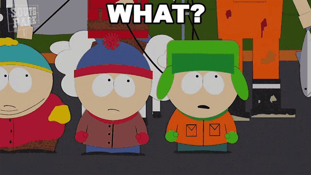 a group of south park characters are standing next to each other and the word what is on the bottom