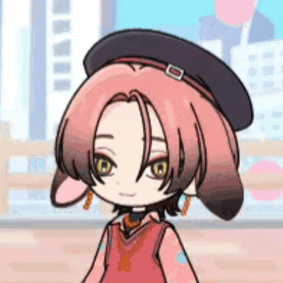 a cartoon girl with pink hair and a hat is standing in front of a building .