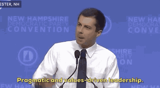 a man is giving a speech at the new hampshire democratic party convention in chester nh