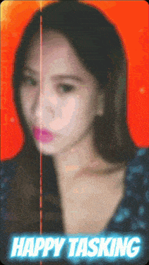 a blurred image of a woman with the words happy tasking below