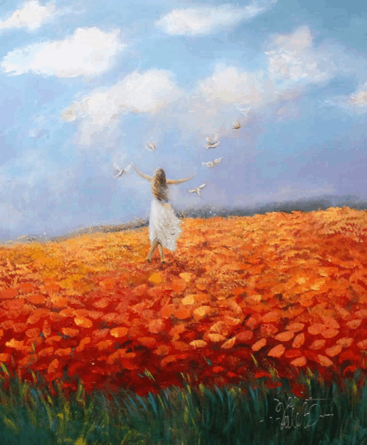 a painting of a woman standing in a field of flowers with her arms outstretched