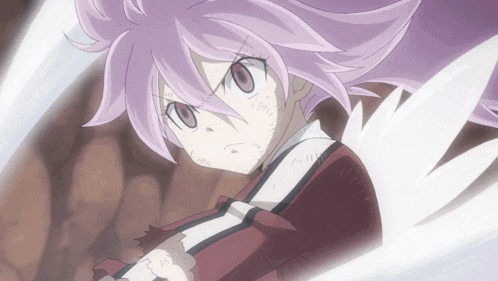 a girl with purple hair and white wings holds a sword