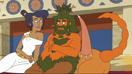 a cartoon of a woman sitting next to a man with a green beard