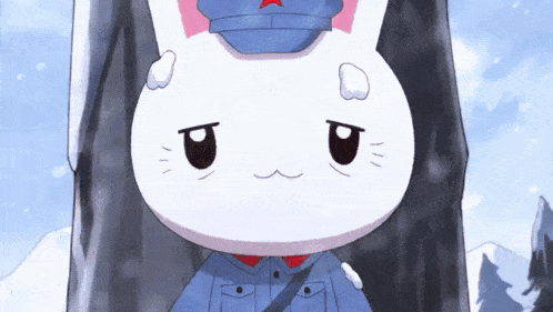 a cartoon rabbit wearing a blue uniform and hat is standing next to a tree in the snow .