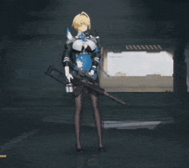 a girl with a gun is standing next to a robot with a badge that says ' 00 ' on it