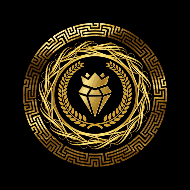 a gold circle with a diamond and laurel wreath