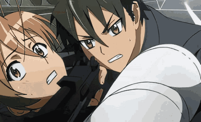 a man and a woman are standing next to each other and the man is holding a gun