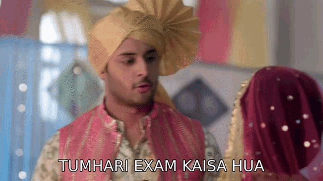 a man in a turban is talking to a woman with the words tumhari exam kaisa hua written on the bottom