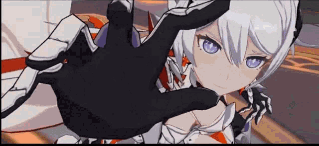a girl with white hair and blue eyes is holding a black glove in her hand .