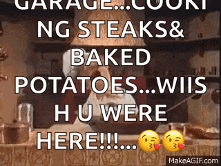 a picture of a man cooking steaks and potatoes
