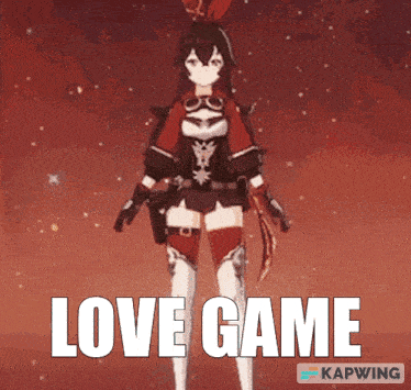 amber from genshin impact is standing in front of a red background with the words love game on it .