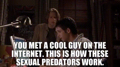 a man and a woman are sitting in front of a computer with the words you met a cool guy on the internet