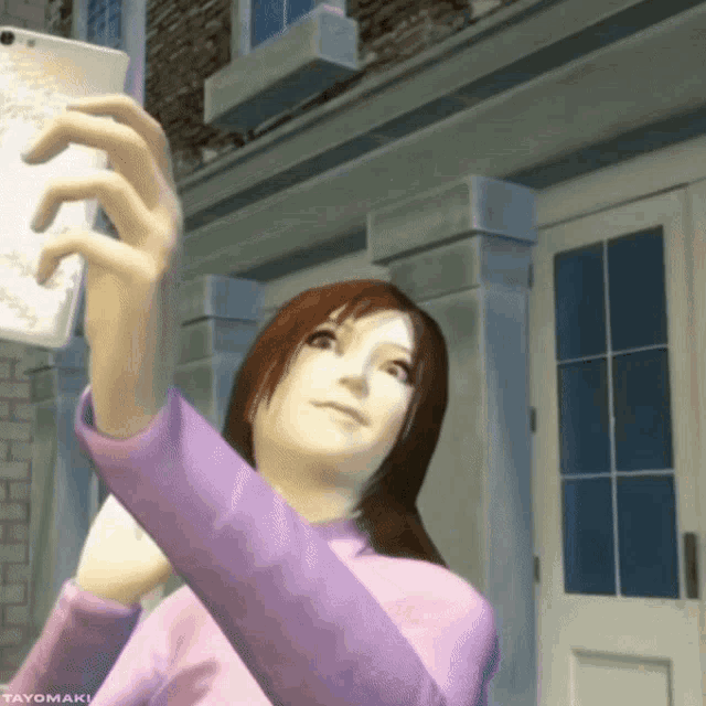 a woman in a purple shirt is taking a selfie with her cell phone