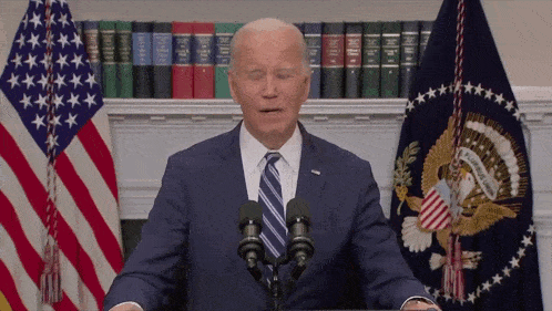 a man in a suit and tie stands in front of a microphone with a flag in the background