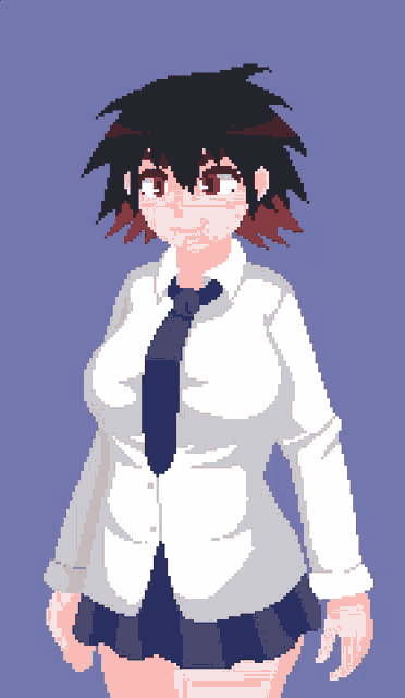 a pixel art of a girl wearing a white shirt and blue tie