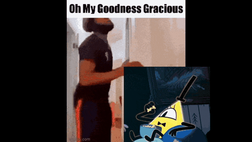 a man is standing in a hallway next to a picture of a cartoon character eating popcorn .